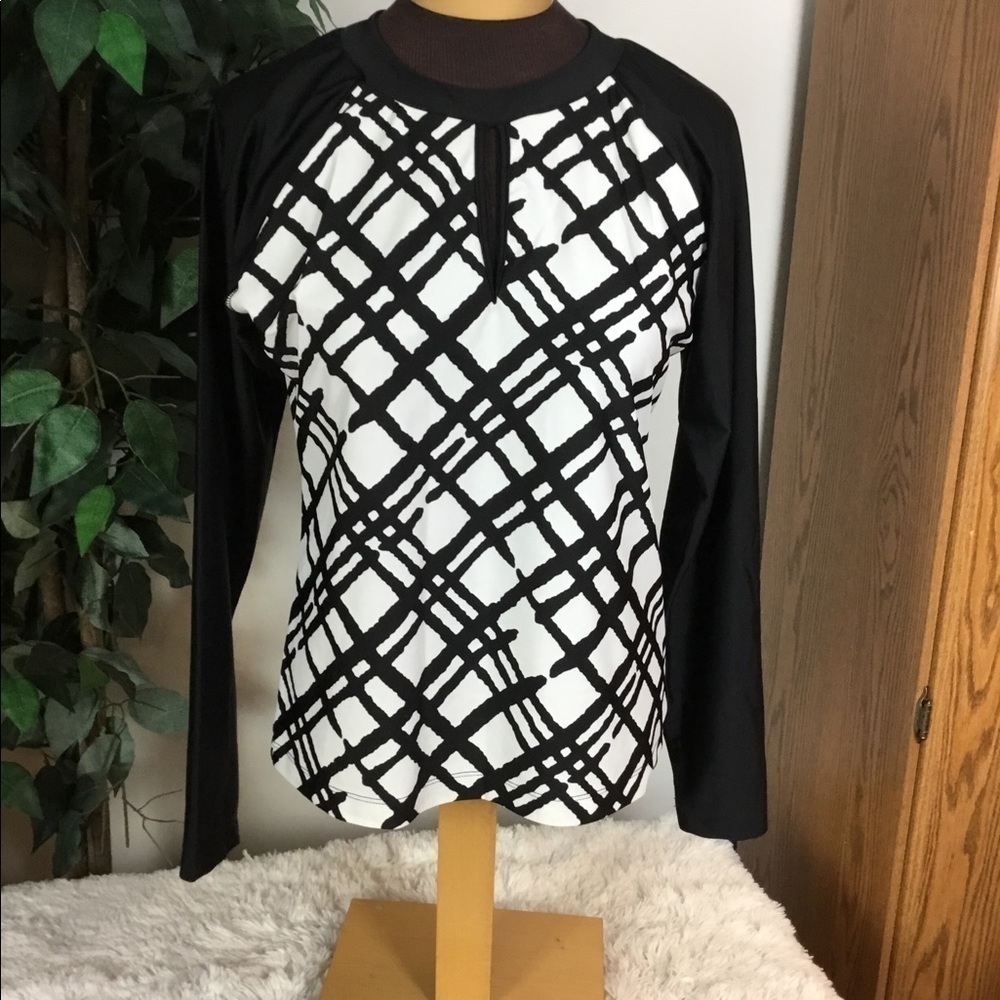 LA Blanca Large black/white patterned-long sleeve swim top with keyhol…